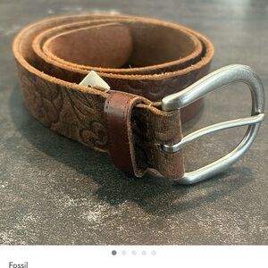 Fossil Brown Leather Belt with Floral Pattern